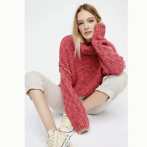 Pull Col Roulé Free People - Rose - Laine Acrylique - Tunique - Taille L - Neuf Avec étiquettes